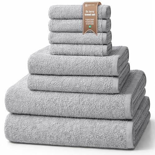 NatureMark 8-delat handduksset i frotté i olika storlekar – 4 gästhanddukar, 2 handdukar, 2 badhanddukar | Färg: Silvergrå | 100% bomull