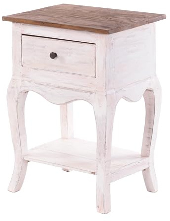DESIGN DELIGHTS Vintage TELEFONTISCH Napoleon | 64x45x34cm (HxBxT), Altholz | Beistelltisch mit Schublade | Farbe: 05 weiß-Natur