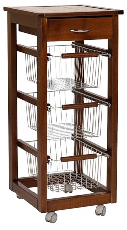 Liberoshopping Carrello Cucina SLIM in legno di faggio 3 cesti e 1 cassetto top ceramica 4 ruote girevoli casa cucina giardino (Noce)