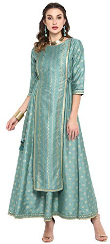 Janasya Abito Etnico in Seta Poli Indiana per Donna (Verde Chiaro,Grande)