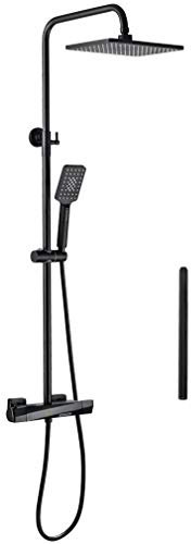 PHASAT Duschamatur Schwarz Bad Duschset Duschsystem Regendusche mit Armatur Thermostat Überkopfbrause und Handbrause 3 Funktion Höhen Einstellbar SB07