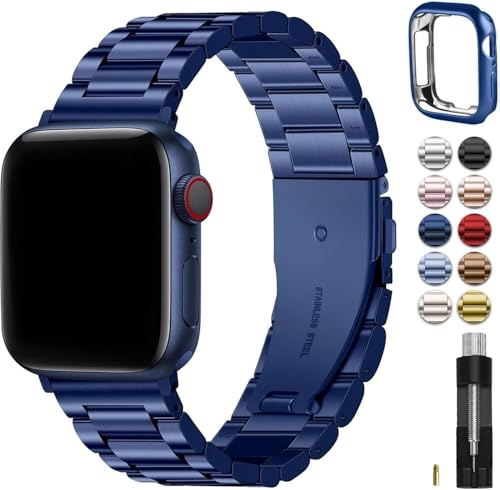 Fullmosa Metallarmband für Apple Watch 40mm 41mm 38mm mit Gehäuse | Edelstahl Band für iWatch SE 3 2 1 Series 9 8 7 6 5 4 Damen Herren, mit S-Glieder für Präzise Feinanpassung, Blau