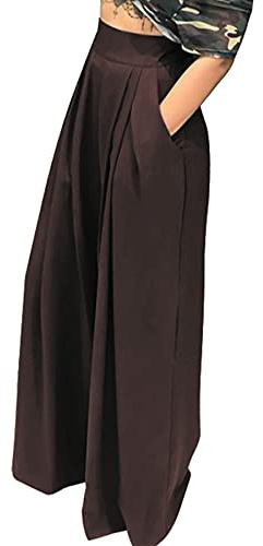 NRTHYE Palazzo Pantalon long taille haute et jambe large extensible avec poche pour femme - marron - Taille L