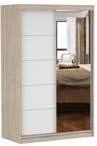Fabryka Mebli Idźczak Kleiderschrank mit Spiegel, Wohnzimmerschrank - Sonoma, Weiß Schwebetürenschrank, Schlafzimmerschrank - ‎61 x 120 x 200 cm - Schrank für Schlafzimmer, Wohnzimmer, Garderobe