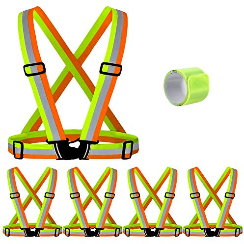 T-Sheng Safety Vest with 5 Pack,Reflective Straps High Visibility for Men,Women,kids,Adjustable and Elastic,Ultralight and Comfy for Walking(Yellow & Orange)
