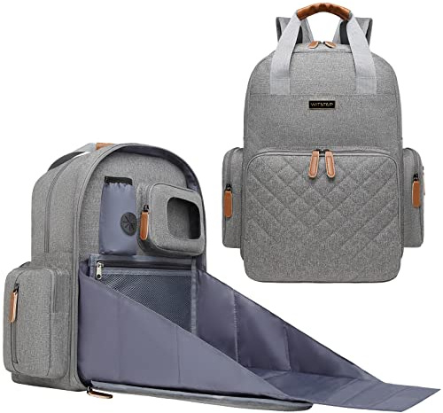 WITSTEP Mochila para pañales con cambiador y organizador de pañales para mamás, papás, bolsas grandes para cambiar el bebé, Gris, Mochila para pañales con cambiador