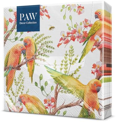 PAW - Servietten 3-lagig (33 x 33 cm) I 20 Stück I Perfekt für Geburtstage, Partys, Hochzeiten, Kommunion und Feiern I Tischdeko Bunte Papierservietten - Exotische Vögel Fauna & Flora I Exotic Birds
