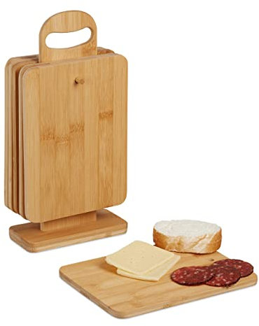 Relaxdays Tabla de Cortar y Servir con Soporte, Pack de 6, Bambú, Bandejas Quesos, 22 x 16 cm, Pan y Desayuno, Natural