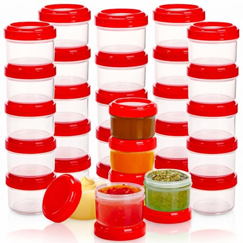 Elsjoy 30-pack 35 ml smaktillsatsbehållare med lock, salladsdressing behållare kopp to-go liten matförvaringsbehållare, återanvändbar läckagesäker mini såskoppsbehållare för lunch, picknick, kylskåp
