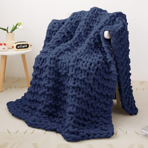 Decke Grob Gestrickte, Grobstrick-überwurf Strickwolle Dickes Garn, 100% Dicke Wolle Zum Handstricken Strickdecke, überwürfe Für Sofa Gestrickte Bettüberwurf-DeckenFürBetten, 127x152cm, Marineblau