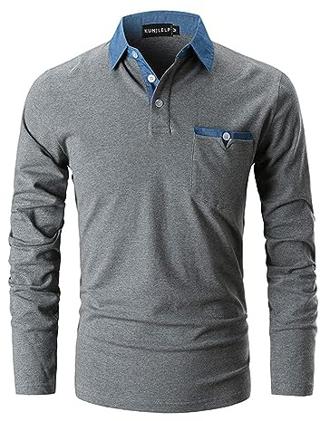KUNJLELP Poloshirt Herren Langarm, T Shirts Männer, Hemd Herren Denim-Splice T-Shirt Golf Polo Shirt