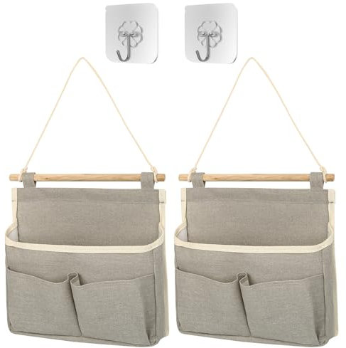 KYYLZ 2 STK Hängeorganizer Hängetasche Wand Aufbewahrungstasche,Organizer Taschen Hängend Hängeaufbewahrung Faltbares Leinen Stoff Wandorganizer mit Haken für Home,Office,Bad,Diele (Grau)