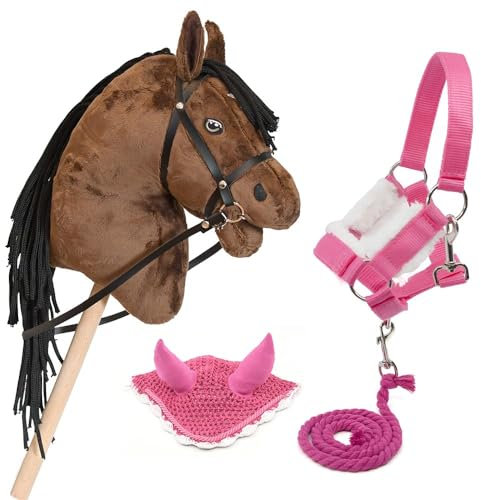 Hobby Horse Land Hobby Horse Braun mit Zaum + Pferdehalfter + Führleine + rosa Mütze, Pferd mit Zubehör, Rosa