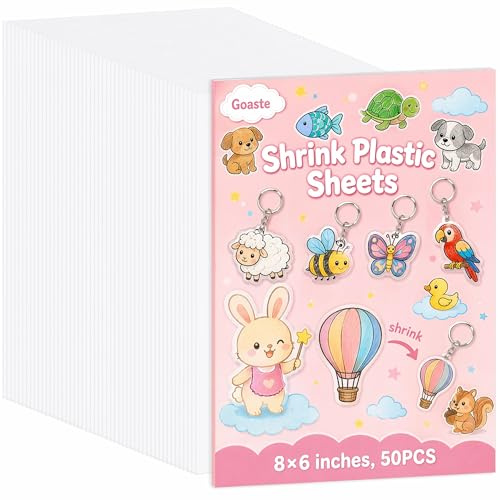 Goaste 50 Pack Shrink Plastic Sheets, 7.9 x 5.7 inch Blank Shrink Film Paper, Sanded Shrink Paper Sheets for Creative Craft, DIY Ornaments Craft, Create Your Own Earrings, Necklace, Keychains