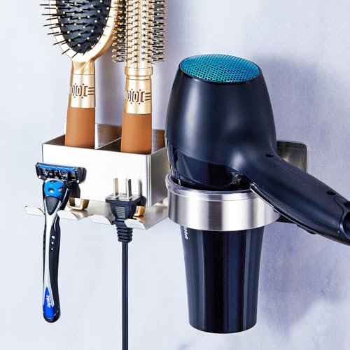 XILIMEN Föhnhalter Ohne Bohren, Föhn Halterung, Fönhalter Edelstahl, Fön Halter Wand, Haartrockner Halterung mit Steckerhalter & Aufbewahrung, Selbstklebend Fön Halter für Bad Barbershop Hotel