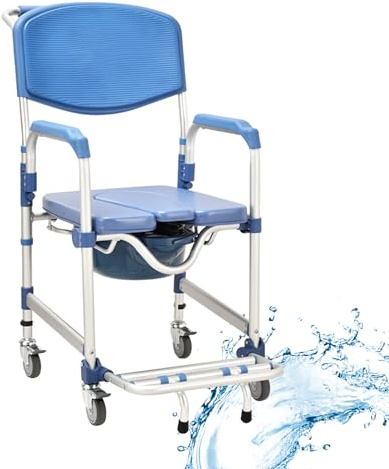 Commode Chair for Seniors with Wheels,Shower Wheelchair,Shower Commode Chair Mobile with Urine Bucket,Blue Shower Chair with Wheels,Toilet Wheelchair for Elderly Disabled