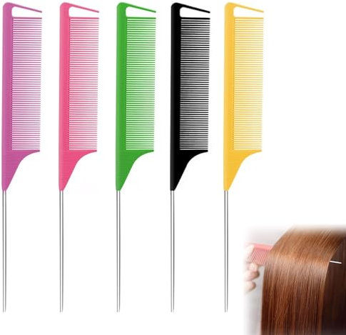 5 PCS Tail Comb, Anti-Static Hair Comb, Carbon Fibre Styling, Heat Resistant and Salon Rattail Parting, Steel Pintail Cutting, Teasing Hair Comb for Women and Men, 5 Colors
