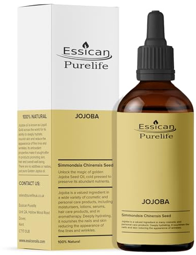 Pure Jojoba Oil for Skin 100ml in Glass Bottle, Premium Cold Pressed Jojoba Oil for Hair Growth, Nails, Stretch Marks, Makeup Remover & Face Moisturiser, Natural Carrier Oils for Essential Oils Mixing