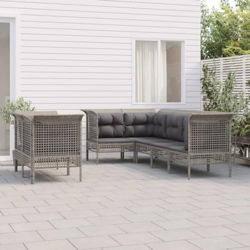 QZZCED Garten-Loungemöbel Balkonmöbel-Set Terrassengarnitur Gartenmöbel-Sets 7-TLG. Garten-Lounge-Set mit Kissen Grau Poly Rattan für Garten, Terrasse und Balkon