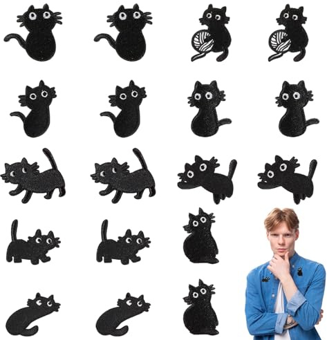 Homefantasy 18 Stück Aufnäher Schwarze Katze Patches zum Aufbügeln, Aufnäher Bügelflicken, Bügelbild Aufbügelflicken für Jeans Hosen T-Shirt Jacken Mützen