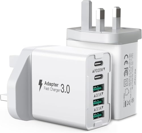 [2 Pack] USB C Plug, 50W 5-Port Fast Charger Plug UK Type C PD Power Adapter Wall Charger Block Compatible with iPhone 16/15/14/13/12/11/Galaxy S24 Ultra/S23 Ultra/S22 Plus/S20 Fe