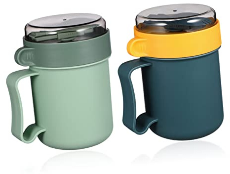 HOLIDYOYO 2pcs Portable Cereal Soup Mug with Spoon Leakproof Breakfast Cup Container for Milk Porridge and Snacks Suitable for Travel and Microwave Use Blue Green
