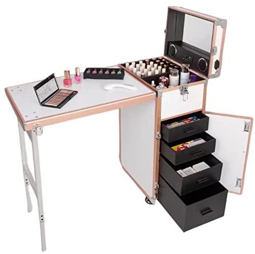 XUCS Tavolo per Unghie Pieghevole, Scrivania Portatile per Manicure Mobile, Tavolo da Trucco Multifunzione con Asta di Trazione, con Contenitore, Piano di Lavoro E Specchio, per Salone Truccatore