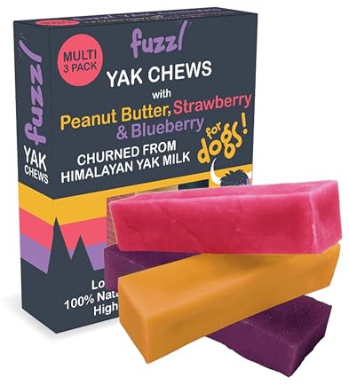 Fuzzl Himalayan Yak Chews for Dogs 3 Pack Peanut Butter, Strawberry & Blueberry Premium Natural Dog Treats - Dog Food Natural Chews Long Lasting Dental Sticks 225g