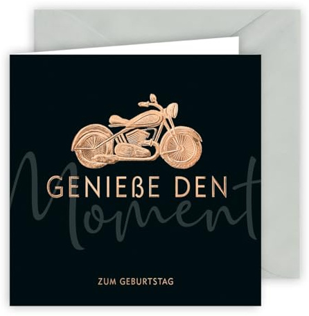 KE- Premium Grußkarte - Glückwunschkarte für Biker - Quadratische Geburtstagskarte in Silbergrau mit Prägung - Motiv: Motorrad