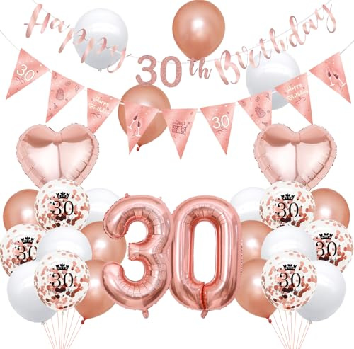 Koboko Deko 30 Geburtstag Frau Luftballons Rosegold, Luftballon 30. Geburtstag Deko Rosegold, Ballon Geburtstagsdeko 30 Frauen, Ballons 30er Geburtstage, Folienballon Zahl 30 mit Happy Birthday Banner