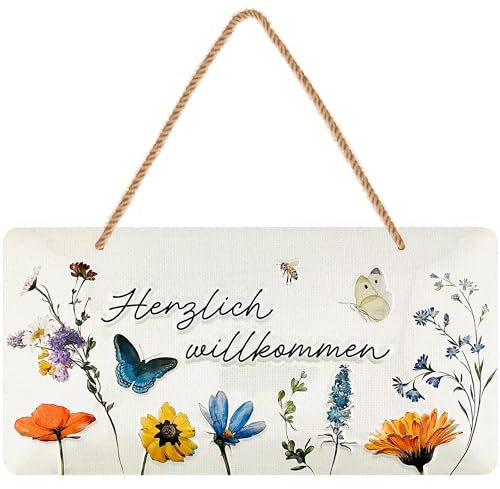 LANOLU Retro Blechschild HERZLICH WILLKOMMEN Schild - willkommen Deko Garten, Schild für Haustür und Eingangstür mit Spruch - Willkommensschild als Türdeko mit Jutekordel 16x32cm