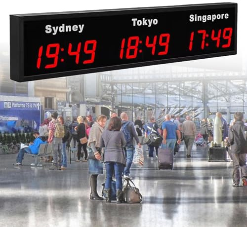 Orologio con fusi orari mondiali, orologio digitale a LED a colori con più fusi orari, orologio da parete con fuso orario mondiale per 3/4/5 città, per multinazionali/hotel/aziende,Red-3City