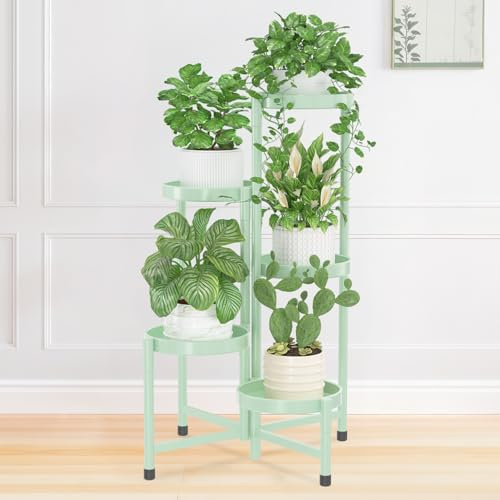 iDavosic.ly Pflanzenständer Blumenständer Metall, 5 Etagen, Hellgrün | Plant Stand Pflanzenregal Blumenregal Indoor Outdoor, Mehrstöckig Pflanzentreppe für Wohnzimmer Balkon Terrasse Garten Hof