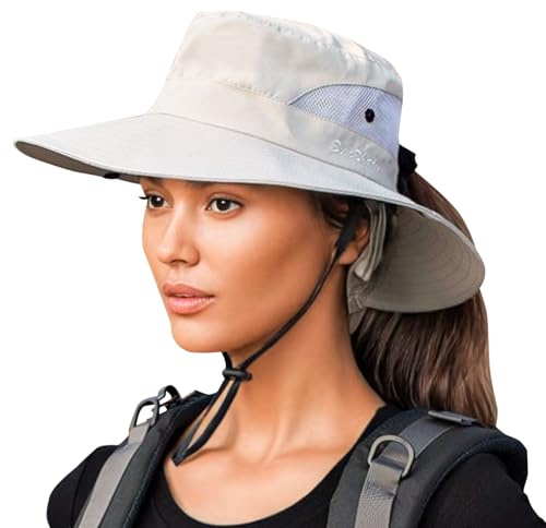 Feelorna Women Sun Hat, UV Protection Breathable Wide Brim Safari Hat with Adjustable Chin Strap, Foldable Water Resistant Beach Fishing Hats with Ponytail Hole (UK, Alpha, One Size, Beige)