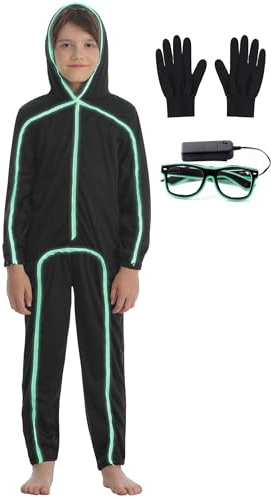 Stick Figure Costume Kids Stickman Jumpsuit with Light up Glasses Halloween Glow in the Dark Outfits for Boys Girls (Fluorescent Green, X-Small(3-4 Years))