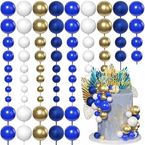 Xsstarmi Happy Birthday Cake Topper with Mini Balls Ginkgo Paper Palm Fan Cake Decorations for Baby Shower Birthday Anniversary Party DIY Cake Decorations Supplies Blue Gold