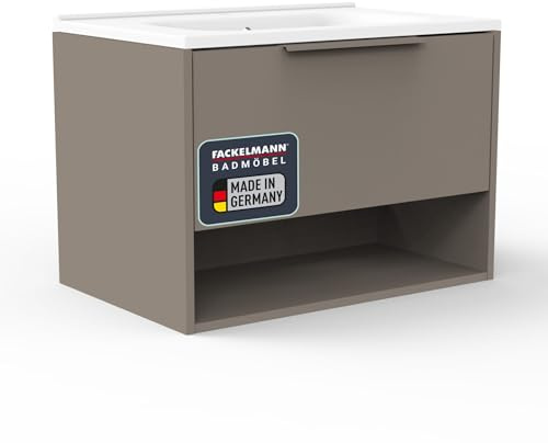 FACKELMANN B.Paris Waschbecken mit Unterschrank – Elegantes Möbel-Set in Cubanit Grau, 71cm, Gussmarmorbecken, 1 Schublade, beleuchtetes Fach mit Bewegungsmelder – Made in Germany