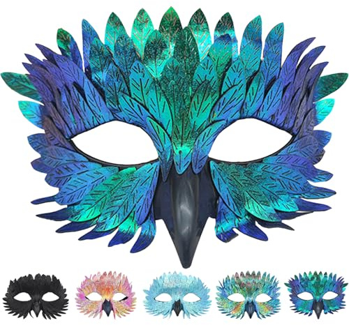 CWENDANER Élégant masque d'oiseau avec plumes 5 couleurs Demi-masque pour carnavals, bal masqué et carnaval (multicolore, pour les fêtes à thème et le carnaval)