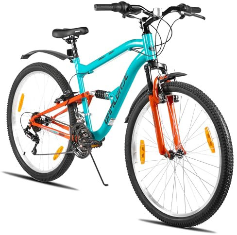 Hiland Mountain Bike 26 Pollici, Bicicletta da Uomo Donna Ragazzi, Telaio in Acciaio al Carbonio, Sospensione Completa, 18 Velocità, Freni a Disco, Blu