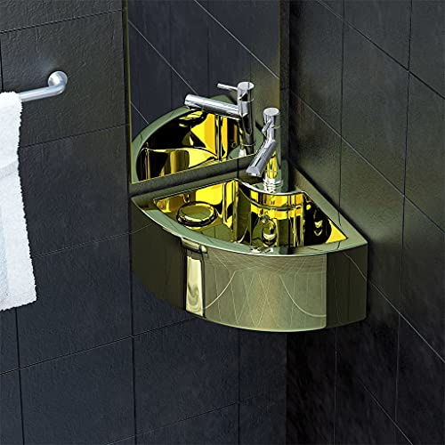 Qnhdfrt Eckwaschbecken aus Keramik Gold 45 x 32 x 12 5 cm Modernes Aufsatzwaschbecken mit Überlauf und Hochglanz Finish für Badezimmer Gäste WC und Schminkraum