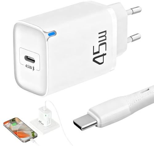 Chargeur USB C 45W Rapide PD GaN avec Câble 1M pour Smartphone 9/9 Pro/XL/Fold, 16/15, S25/S24/S23 Ultra, Rdinateur Portable, Comprimé Pro/Air, Adaptateur Secteur Type C Universel Sécurisé
