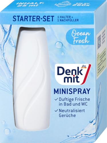 Denkmit Lufterfrischer Mini-Spray, Ocean Fresh, Starter-Set mit Halter, Spray-Form, 25 ml, Parfüm-Alkohol-Formel, 260 Sprühstöße (Starterset)