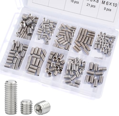 JOYELEC 239 Pezzi Viti a Brugola Senza Testa con Estremità Piatte, Acciaio Inox 304,Esagoni Incassati,M3/M4/M5/M6/M8,Viti Grani per Montaggio Maniglie Porte e Rubinetti,con 5 Chiavi a Brugola