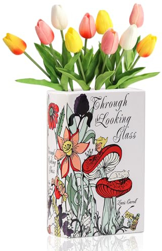 RNPKZ Ceramic Book Vase for Flower, Large Book Shaped Decorative Vase, Aesthetic Book Flower Vase, Vintage Unique Book Shaped Vase for Bookshelf Dcor Room Home Book Lovers Gifts (Alicin Wonderland)