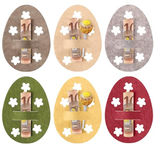 Hestya Conjunto de Regalos de Dinero de Pascua con 6 Adornos de Fieltro de Conejitos Huevo Embalaje de Regalo de Dinero para Divertida Decoración(Colores Brillantes,Huevos de Pascua con Flores)