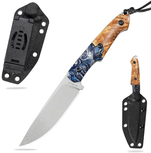 ALVELY Handgefertigtes DC53-Stahlmesser mit feststehender Klinge, EDC-Messer für Herren, komplett mit K-Scheide, Griff aus harzgebundenem Ahornholz, für Campingausflüge und Bergsteigen.