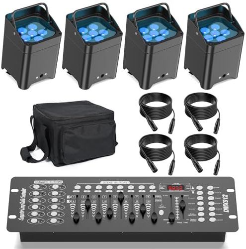 PUZILOZA 4er 108W Akku LED Par mit Tasche, DMX-Kabel, Fernbedienung und Konsole, RGBWA+UV wiederaufladbarer Outdoor-Partylicht DMX/APP Bühnenlicht Disco-Licht für DJ Bar KTV Hochzeit