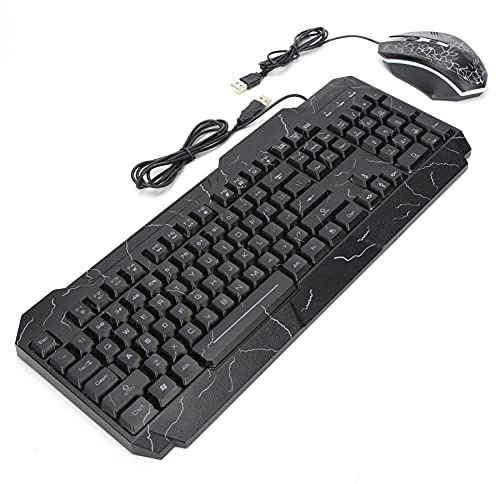 FAUOSWUK Light Up Keyboard and Mouse Set Durable Ergonomic Wired Game Hardware for PC Gamers, Crack Luminous Effect As Gifts, Material: ABS, Size: D620