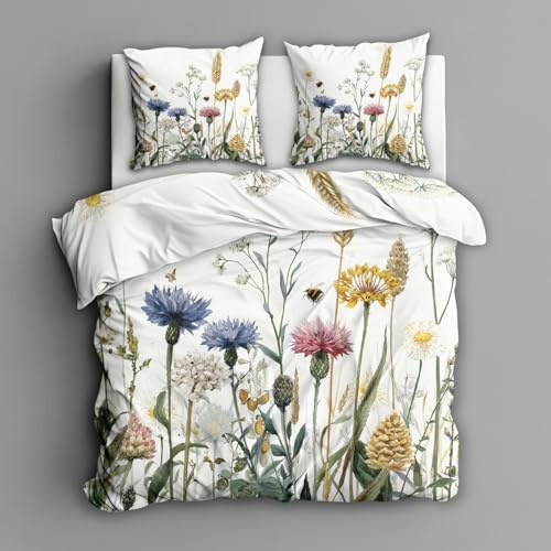 Generisch Wildblumen Bettwäsche 135x200 2tlg, 1 Kissenbezüge 80x80 - Rustikal Botanisch Blumen Design Wendebettwäsche, Weiche Mikrofaser Bettbezug mit Reißverschluss, Deko & Geschenke RU07