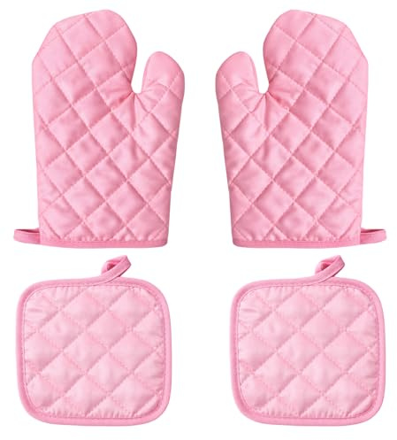 Pink Oven Gloves and Mats Set, Pink Kitchen Accessories for Baking Equipment, Heat Resistant Mitts for Kitchen Use, Dimensions 27 x 17 x 2 cm